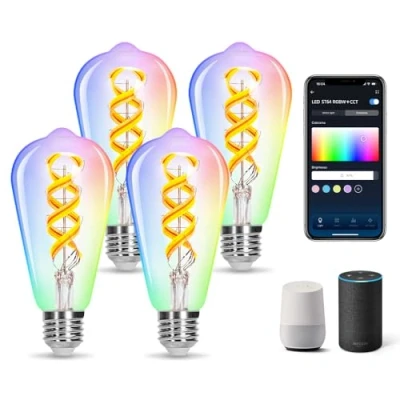 Imagen de Aigostar Bombilla Inteligente Alexa, LED E27 RGB CCT 4.9W 420LM, WIFI ST64 2700K 6500K, Vintage Compatible con Alexa/Google Home, Filamento Luz Fría Cálida 4 Unidad