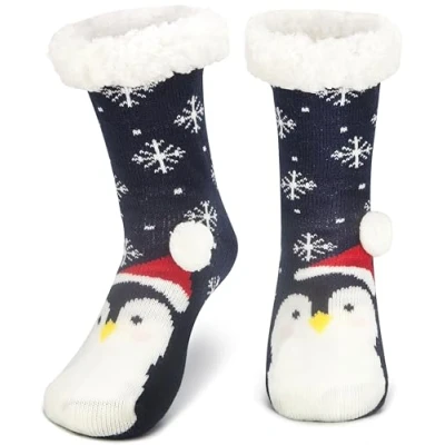 Imagen de Tolumo calcetines de punto mullidos para mujeres y hombres, mullidos, Talla única, antideslizantes, Pingüino azul marino, única