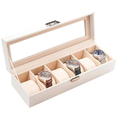 Imagen de Procase Caja de Relojes con 6 Compartimentos, Guarda Reloj Tapa Cristal y Cojín Extraíble Organizador para Hombres Mujeres Blanco