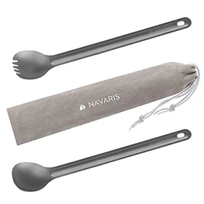 Imagen de Navaris Set de 2X Cubierto Titanio 1x Cuchara con púas Tenedor Cubiertos 21.5 x 3.9 CM para Camping Senderismo Bolsa