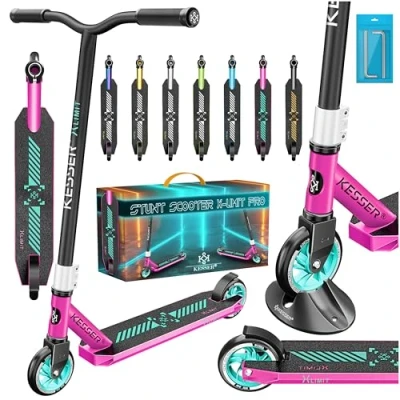 Imagen de KESSER® Patinete acrobático X Limit Pro, Funscooter con dirección de 360Ḟ, Soporte, rodamientos Bolas ABEC 9, Ruedas PU 110 mm, Scooter, Chrome/Plata