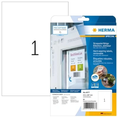 Imagen de HERMA 4577 Etiquetas de papel aluminio resistentes a la intemperie, extraíbles, 20 hojas, 210 x 297 mm, 1 hoja A4, unidades, autoadhesivas, imprimibles, mate, en blanco, blanco