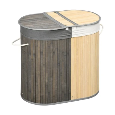 Imagen de HOMCOM Cesto para Ropa Sucia de Bambú Capacidad 100L Cesta la Colada con Tapa Abatible y Bolsa 2 Compartimentos Extraíble 62,5x37x60,5 cm Gris Natural