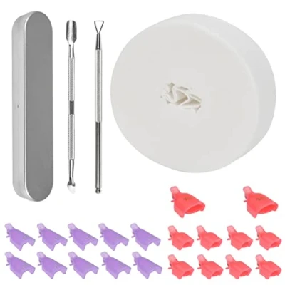 Imagen de TIMESETL 522 PCS juego de clips para quitar el esmalte uñas 20 removedor 1 empujador cutículas, paquete 500 almohadillas algodón gel
