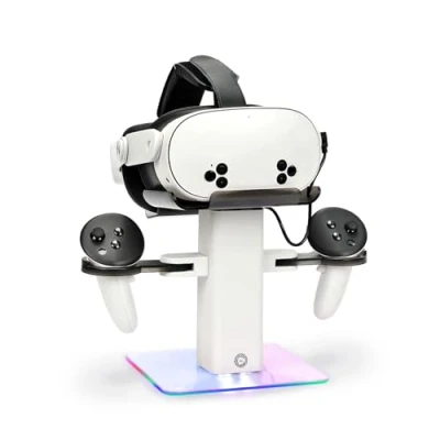 Imagen de Growalleter Base de carga para accesorios Oculus/Meta Quest 3S/Quest 3/Quest 2/Quest Pro, luz LED RGB, soporte vertical y controlador, solo auriculares VR (color