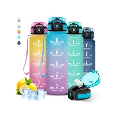 Imagen de Botella Agua Gimnasio, 1 litro, A Prueba de Fugas, Cantimplora con Pajita, Reutilizable, Water Bottle Eslogan Motivador, para la Fitness, Senderismo, Acampada, Deportes, Correr
