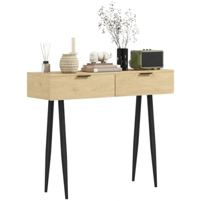 Imagen de HOMCOM Mesa Consola Mueble para Recibidor con 2 Cajones y Patas de Acero Entrada Pasillo 100x30x80,5 cm Roble