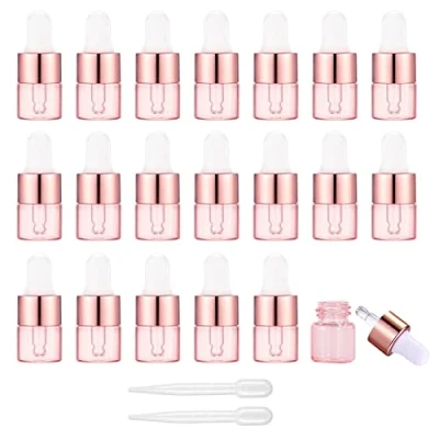 Imagen de 20 unidades, 1 ml de oro rosa vidrio muestras gotero, Alledomain botellas vacías mini con gotero pipetas aleación aluminio tapa recargables contenedores para aceites