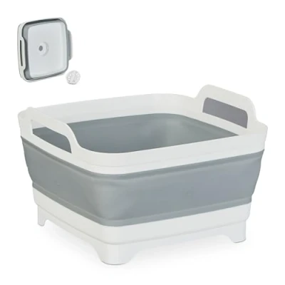 Imagen de Relaxdays Cuenco Barreño con Desagüe, Fregadero Plegable, 9 L, Lavabo Camping, 20 x 31 cm, Blanco/Gris
