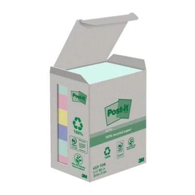 Imagen de Post it notas de reciclaje, paquete 6 blocs,100 hojas por bloc, 38 mmx51mm, verde, rosa, amarillo, azul, autoadhesivas hechas papel 100% reciclado, el embalaje puede variar