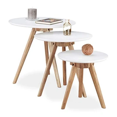 Imagen de Relaxdays Side Table Set of 3 Walnut Mesas Auxiliares Nórdicas Redondas, Madera de Nogal DM, Blanco Marrón, 32, 40, 50 cm diámetro, 50x50x46