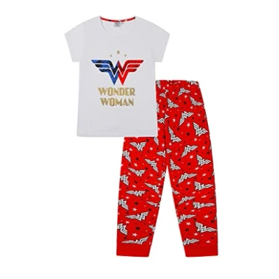 Imagen de DC Comics Wonder Woman Pijama largo de algodón para mujer, color blanco y rojo, azul, 36