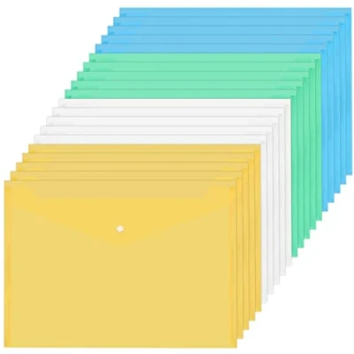 Imagen de 20 Piezas Carpetas Archivadoras A4, Carpeta Fundas Plastico A4 con Botones, Transparente Sobre Bolsillo Bolsas de Documentos para Escuela Oficina, 4 Colores (Transparente+Azul+Verde+Amarillo)