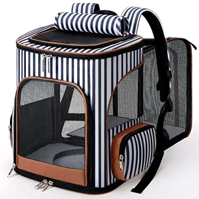 Imagen de Lekesky mochila extensible para gatos y perros de hasta 10 kg, plegable mascotas con correa seguridad interior 2 alfombrillas mascotas, a rayas