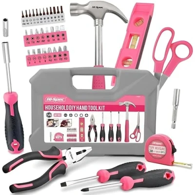 Imagen de Hi Spec Caja de Herramientas Basicas Rosa 42 Piezas. Mantenimiento, Reparaciones, y Arreglos Diarios en el Hogar Oficina. Con Juego Destornilladores, Cinta metrica, Mas.