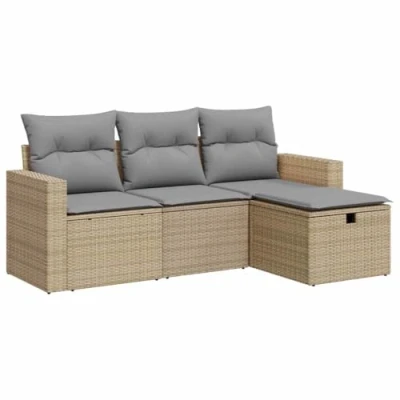 Imagen de vidaXL Juego de Sofás Jardín con Cojines 4 pzas, Asientos Exterior, Modulares, Muebles para Terraza Balcón, Ratán Sintético Beige