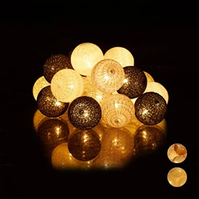 Imagen de Relaxdays Guirnalda Luces con 20 Bolas LED a Pilas, Algodón Poliestireno, Blanco Gris Negro, 6 cm de diámetro