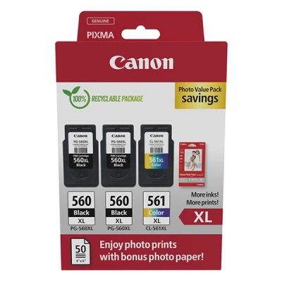 Imagen de Canon Tinta y Papel PG 560XL + CL 561XL 3 Cartuchos Originales de Alta Capacidad (x 2 Negro x 1 Tricolor) fotográfico 10 15cm (50 Hojas)
