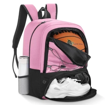 Imagen de MoKo Mochila de Baloncesto, fútbol para Hombres y Mujeres con Compartimentos Separados Pelotas Zapatos, Resistente al Agua, Gancho Cerca, Bolsa Deporte Ropa, Rosa