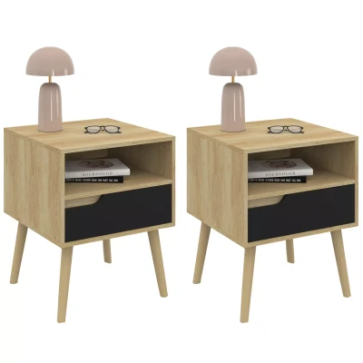 Imagen de IDMarket Juego de 2 mesitas noche Helsinki escandinavas 1 cajón con niche efecto haya y negro