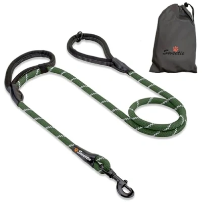 Imagen de Correa de Cuerda para Perro, Fuerte Verde, 2 Asas Acolchadas 5 pies, Perros medianos y Grandes, Reflectante, Resistente a la Intemperie.