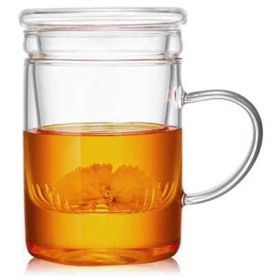 Imagen de taza de té vidrio con infusor y tapa, 481.9 g, borosilicato para hojas sueltas, infusión filtro tapa