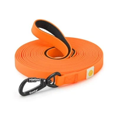 Imagen de lionto correa de arrastre resistente a la intemperie con mosquetón seguridad 360, 20 m, bolsa y mano acolchada, nailon revestimiento PVC para