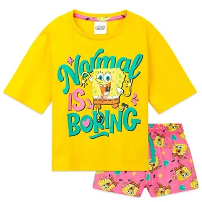 Imagen de SpongeBob Squarepants Pijama Niña Bob Esponja de Manga Corta Conjunto 2 Piezas Camiseta Crop Top y Pantalon Corto Ropa Verano Algodón (Amarillo/Rosa, 4 5 años)