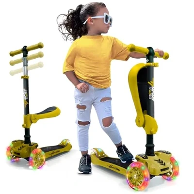Imagen de Hurtle Patinete niño 3 Ruedas, Juguetes niños 2 años en adelante, con Asiento abatible, Altura Ajustable, monopatin 1, Luces Intermitentes. Color Amarillo
