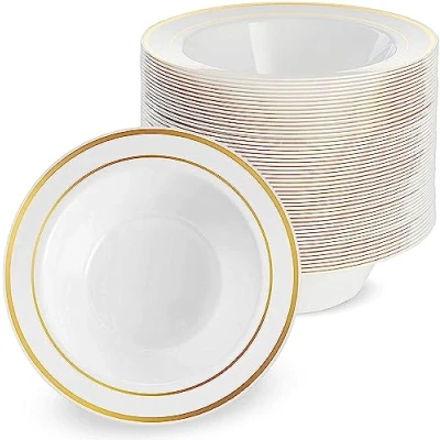 Imagen de MATANA 25 Cuencos de Plástico Blanco con Borde Dorado, 360ml Sopa, Platos Hondos para Bodas, Cumpleaños, Barbacoas, Fiestas Resistentes y Reutilizables