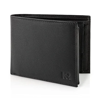 Imagen de KRONIFY Carteras para Hombre Cartera de Piel Auténtica, con Bloqueador RFID, 13 Compartimentos Tarjetas, Cremallera，Bolsillo Monedas, Caja Regalo, Nappa Negro