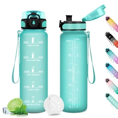 Imagen de Botella Agua Fitness 500ml, de Prueba Fugas, con Marca Tiempo, Reutilizable, Deportiva Cantimplora para Niños, Gimnasio, Cámping