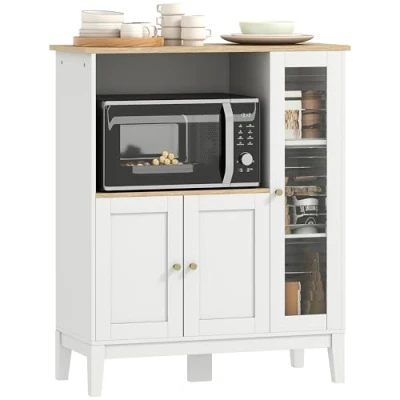 Imagen de HOMCOM Mueble Auxiliar de Cocina Moderno para Microondas Aparador con Estantes 3 Puertas Compartimiento Abierto y Sistema Anti vuelco Comedor 80x35x97 cm Blanco