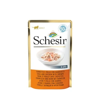 Imagen de Schesir Cat Jelly Tuna and Chicken with Shrimp Wet Food in 30 Bags x 50g