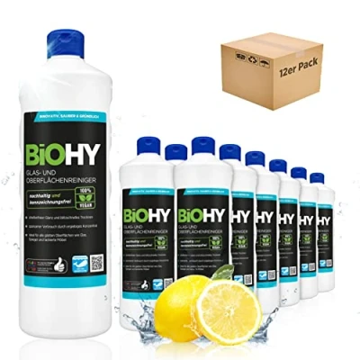 Imagen de BiOHY Limpia cristales y superficies (12 botellas de 1 litro) Concentrado para uso aparatos suelos duros Olor agradable limpieza sin rayas (Oberflächenreiniger)