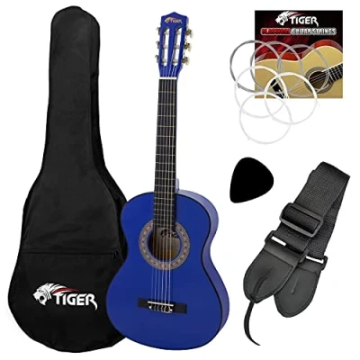 Imagen de TIGER CLG4 Pack de guitarra clásica para niños tamaño 3/4 zurdos española con bolsa, cuerdas repuesto, correa y púa, ideal edades 9 a 11 años Azul