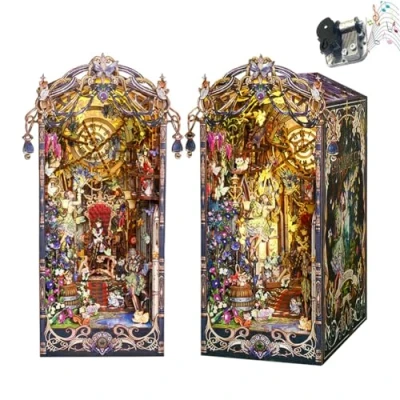Imagen de Kits Book Nook, DIY Dollhouse Miniature Kit, Bookshelf Inserte Decor, 3D Wooden Puzzle Booknook Mini with LED Light and Small Music Box for Creative Ssembled Bookends (elfo de cuento hadas)