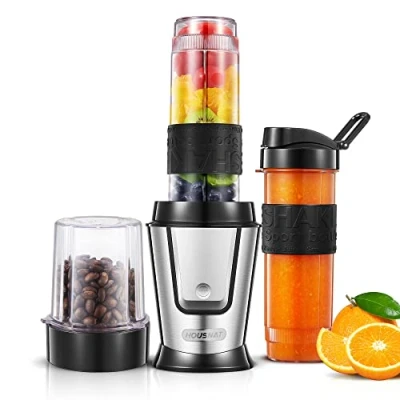 Imagen de HOUSNAT Batidora de vaso individual 3 en 1, Smoothie Multifunción con molinillo café 280ml y 2 Portátil Botellas deportivas 570ml, Acero inoxidable, Apta para lavavajillas, 500W