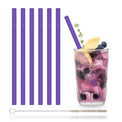 Imagen de Halm pajitas de cristal color morado neón, 6 reutilizables 8 pulgadas + cepillo limpieza sin plástico, fabricadas en Alemania, aptos para lavavajillas rectas