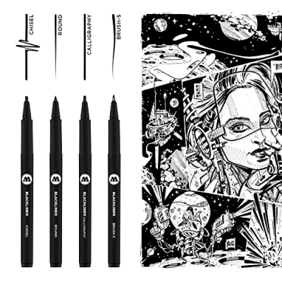 Imagen de Molotow Blackliner Set 3 (4 puntas especiales, trazador de líneas con tinta permanente indeleble), 4 unidades, color negro