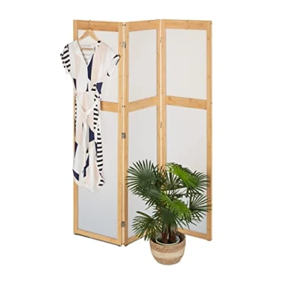 Imagen de Relaxdays Biombo 3 Paneles Plástico y Bambú, Divisor Espacios Plegable, 168x135,5 cm, Tabique Interior, Natural Blanco