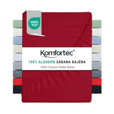 Imagen de Komfortec Sábana Bajera Ajustable de 140 x 200 cm, 100% algodón, Color Rojo