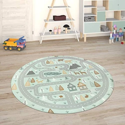 Imagen de Paco Home Alfombra para Habitación Infantil Juegos Bebé Alfombras Infantiles Carreteras, tamaño:80 cm Redon, Color:Turquesa