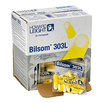 Imagen de Howard Leight by Honeywell Bilsom 303L Tapones para los oídos de espuma un solo uso, SNR 33 dB, grandes, color amarillo y blanco, forma bala, sin cable, 1007192 (paquete 200 pares)