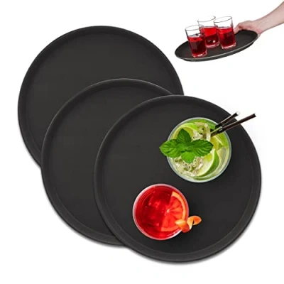 Imagen de Relaxdays Set 3 Bandejas Bar, Redondas 35 cm Ø, Tabla Servir, Superficie Antideslizante, Camareros, Gastronomía, Negro