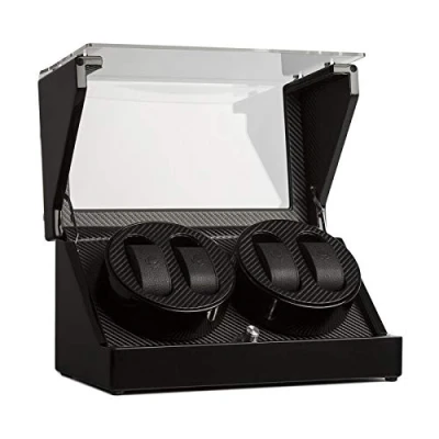 Imagen de KLARSTEIN CAPM Estuche Vitrina para Relojes, Bobinadora, Ventana acrílica, Carcasa lacada, Hecha a Mano, Aspecto Fibra de Carbono, 4 programas rotación, 2 bobinas Negro