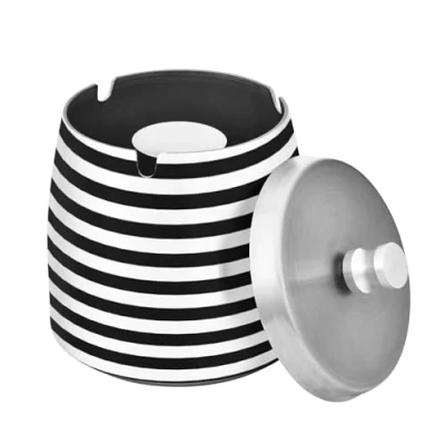 Imagen de Ewusp cenicero de rayas blancas y negras para interiores exteriores, resistente al viento, a prueba olores, acero inoxidable con tapa, escritorio fumar,