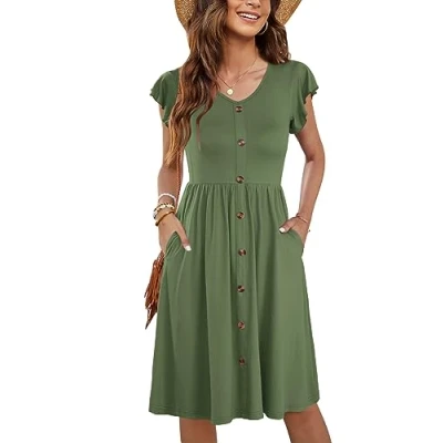 Imagen de MOLERANI Ropa De Verano Femenina Manga Lateral Volantes Cuello V Balanceo Casual Cintura Elástica Bolsillo Vestido Midi Verde del Ejército L