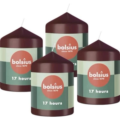 Imagen de Bolsius Pillar Candles Velas decorativas para el hogar, color rojo oscuro, 4 unidades, 8 x 6 cm, larga duración de combustión 17 horas, sin perfume, cera vegana natural, aceite palma