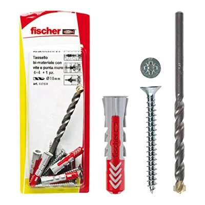 Imagen de Fischer 537638 Taco con Tornillo y 1 Broca Duopower, Gris/Rojo, 10 x 50 mm, Set de 4 Piezas